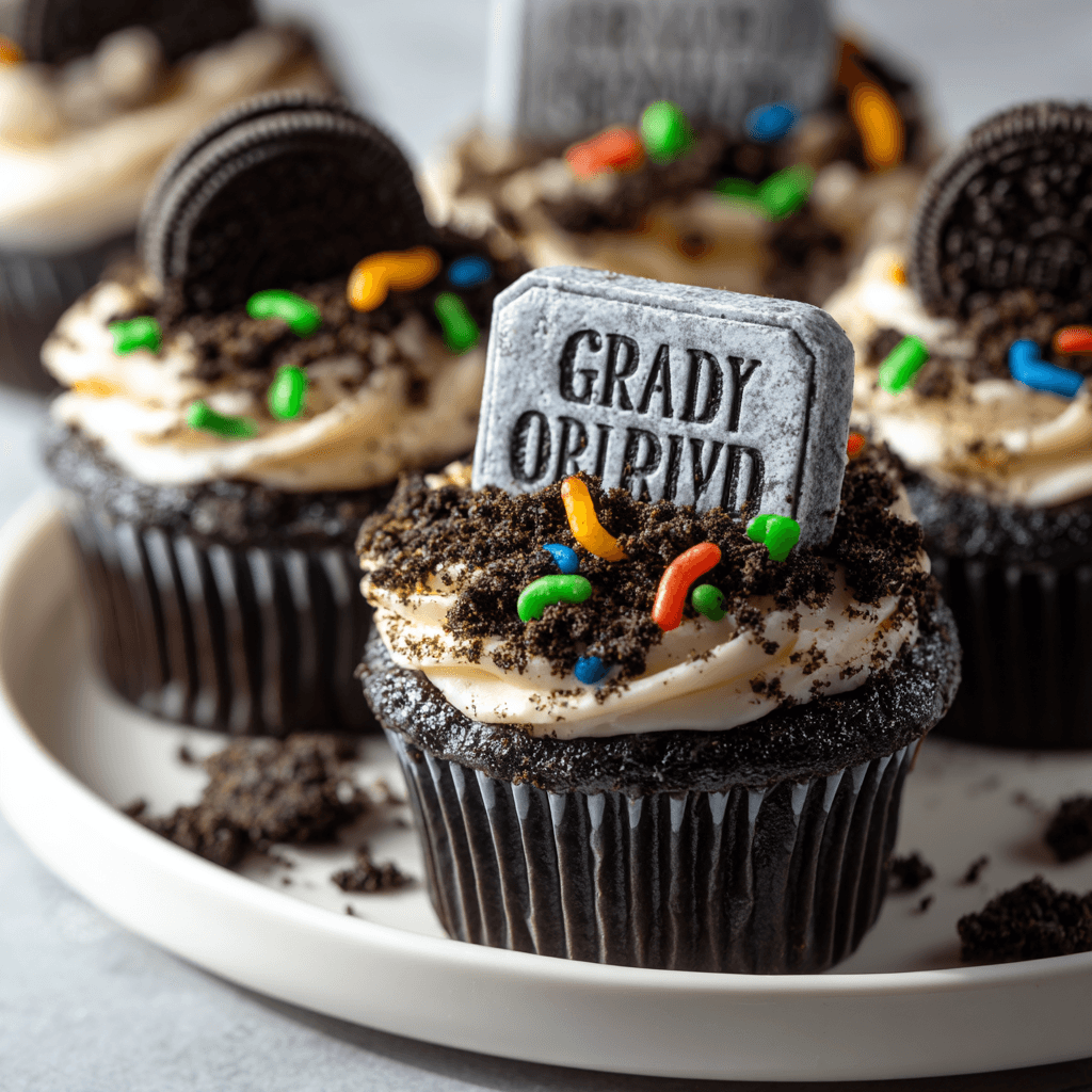 Served Halloween cupcakes with tombstone cookies