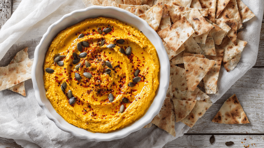 Served pumpkin hummus with pita chips