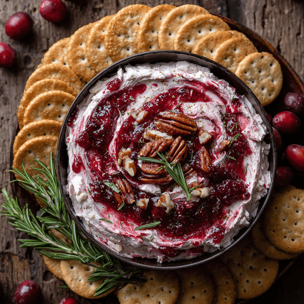 Whipped Cranberry Cream Cheese Dip with rosemary and crackers