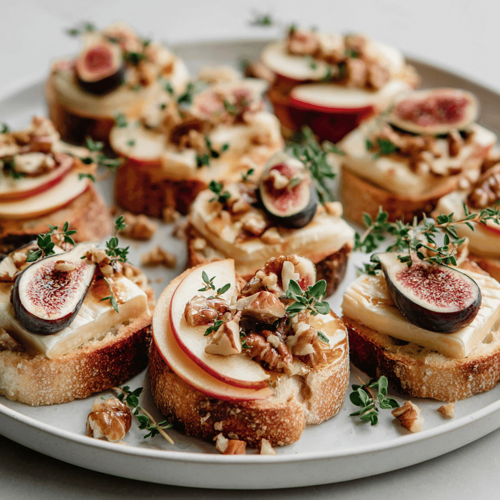 Assembling Apple & Fig Crostini with Brie on a white plate