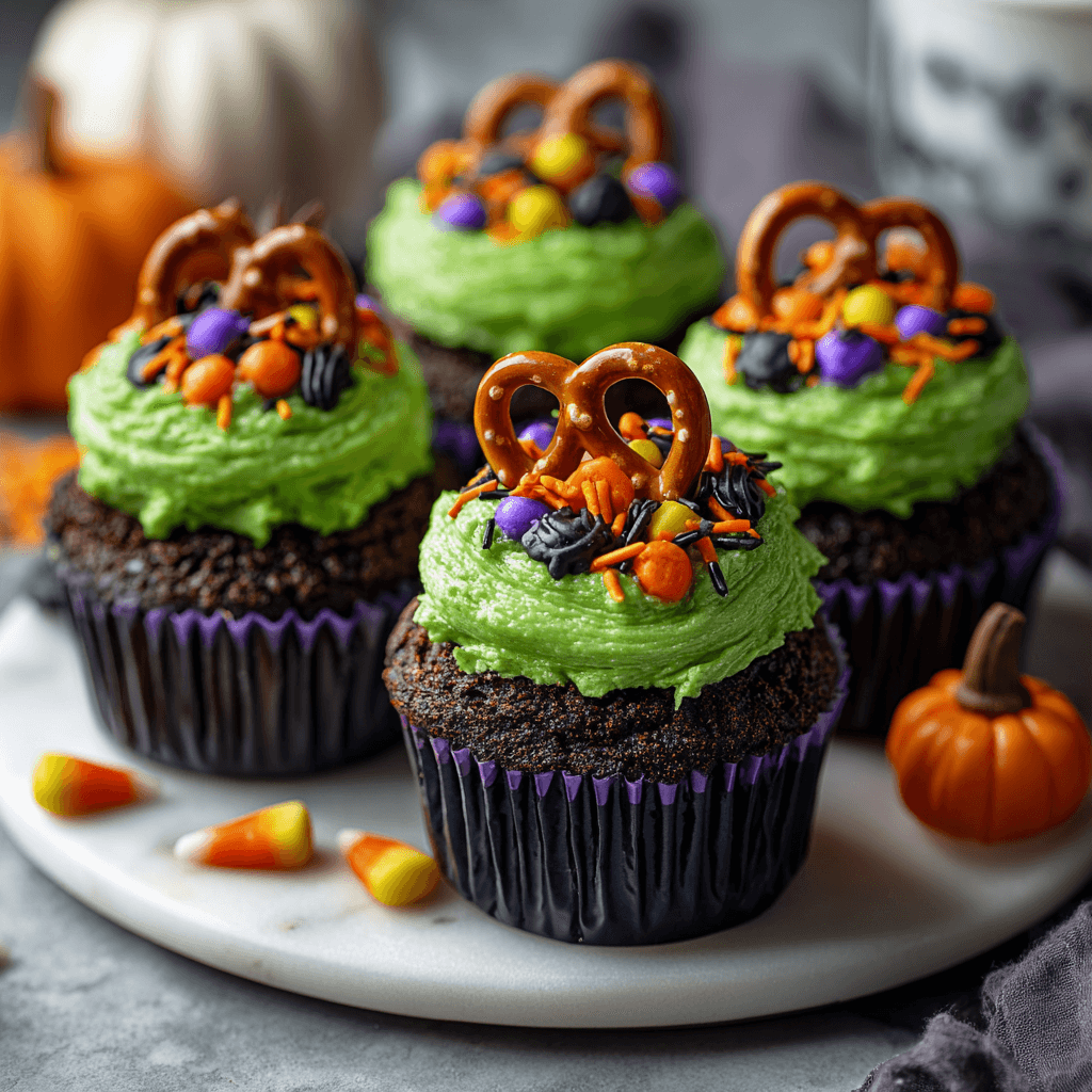 Witch Cauldron Cupcakes with green frosting and Halloween decorations