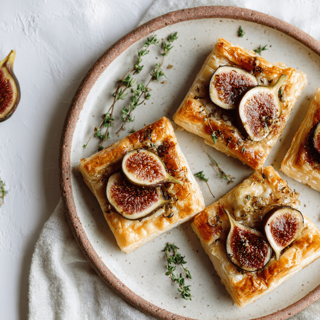 Fig, Brie, and Thyme Puff Pastry Squares on baking sheet