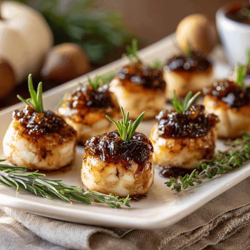 Served Mini Brie Bites with Fig and Rosemary on white platter