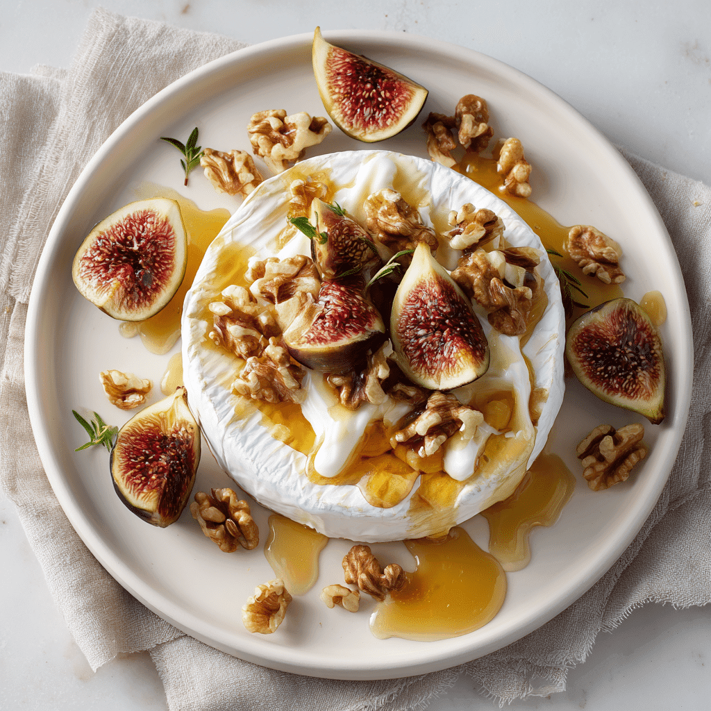 Honey Drizzled Brie with Figs and Walnuts on white plate