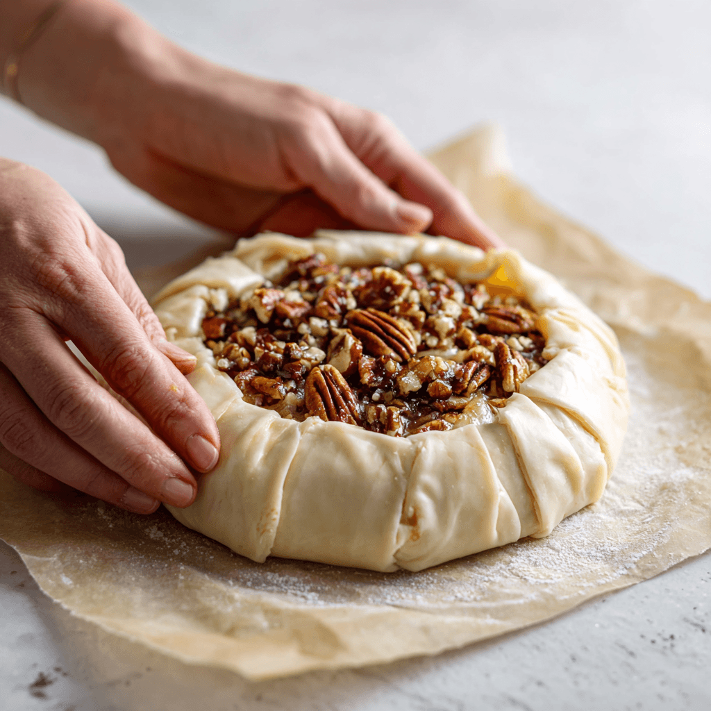 Puff pastry wrapped around brie with fig jam and pecans