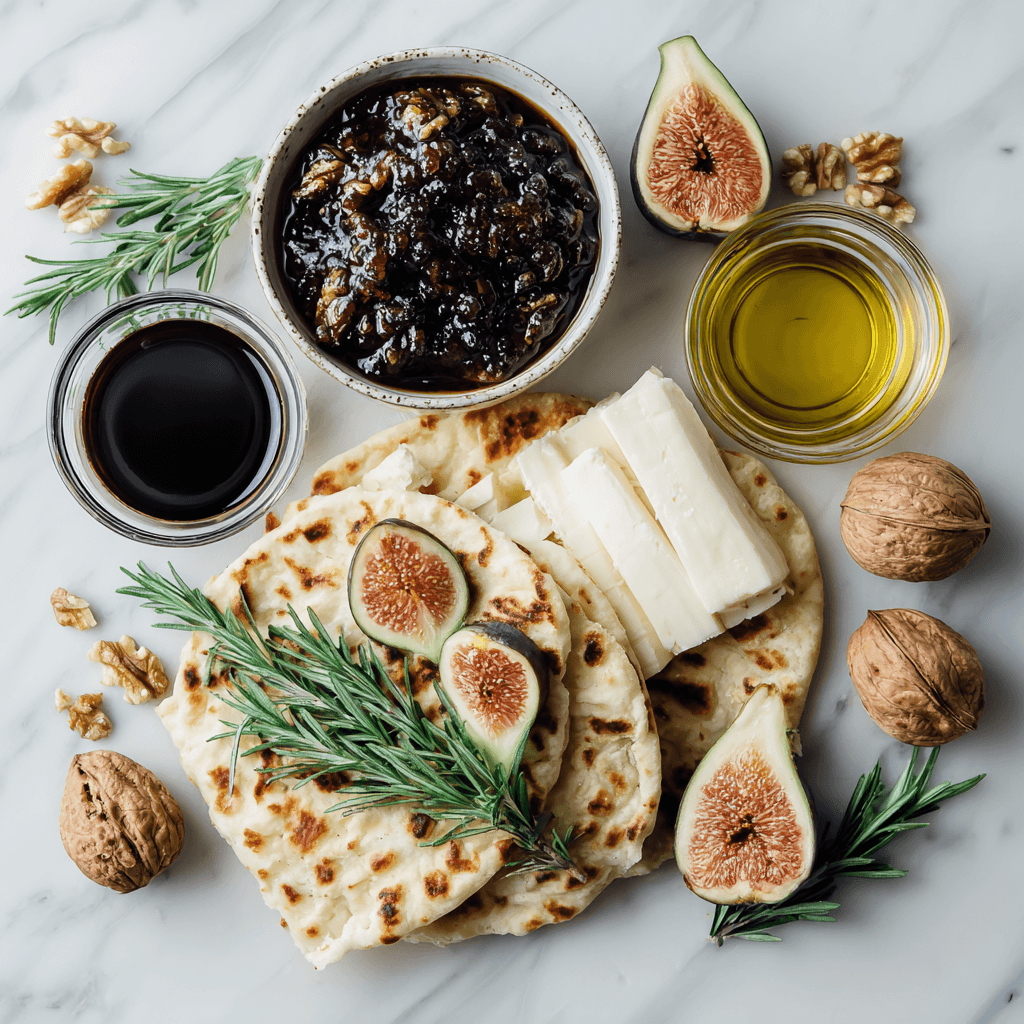 Ingredients for Brie and Fig Flatbread Appetizer laid out on marble