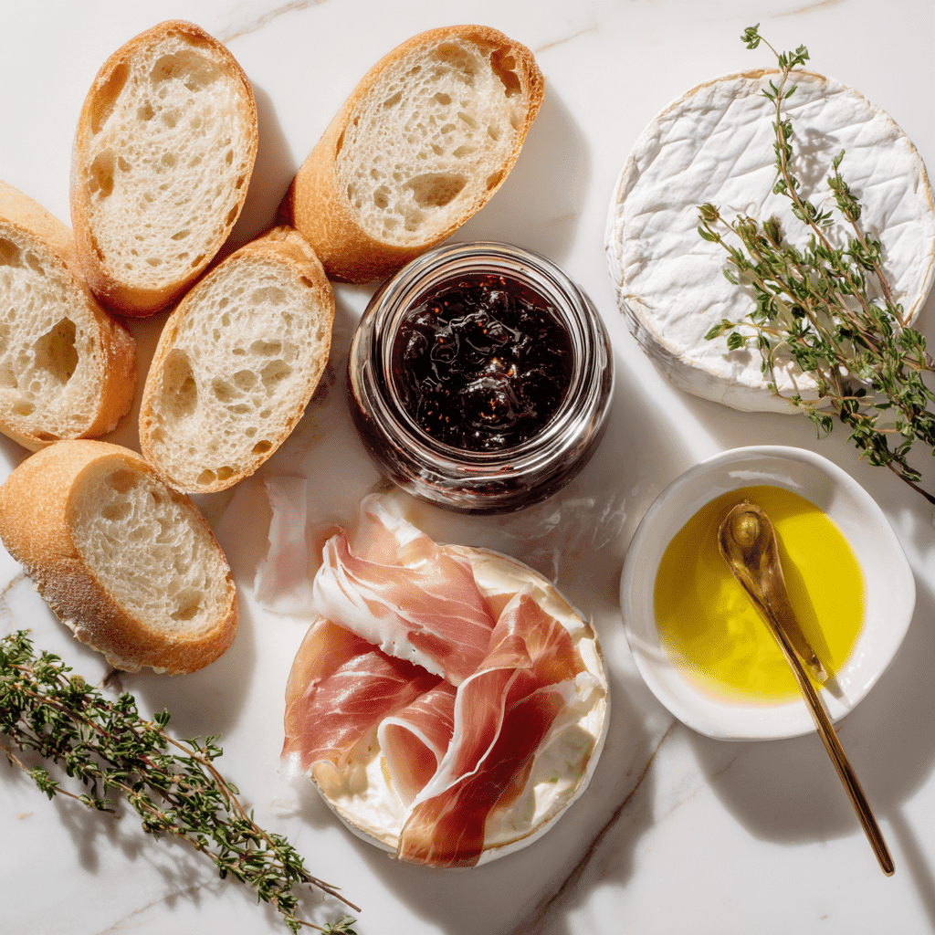 Ingredients for Brie Crostini with Fig and Prosciutto