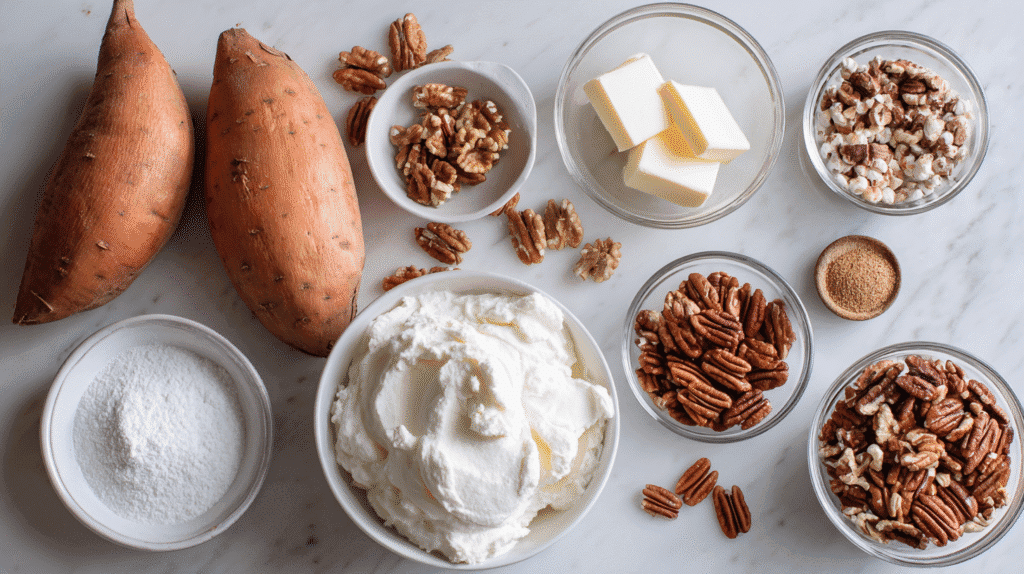 Ingredients for Sweet Potato Rounds with Spiced Pecans and Marshmallow Cream