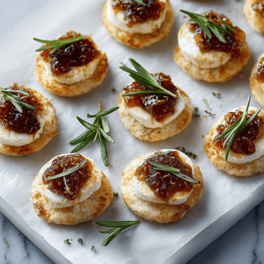 Mini Brie Bites with Fig and Rosemary on baking tray