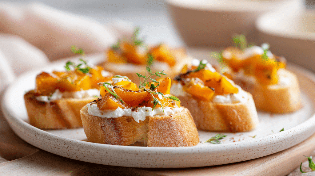 roasted butternut squash crostini with goat cheese on white plate