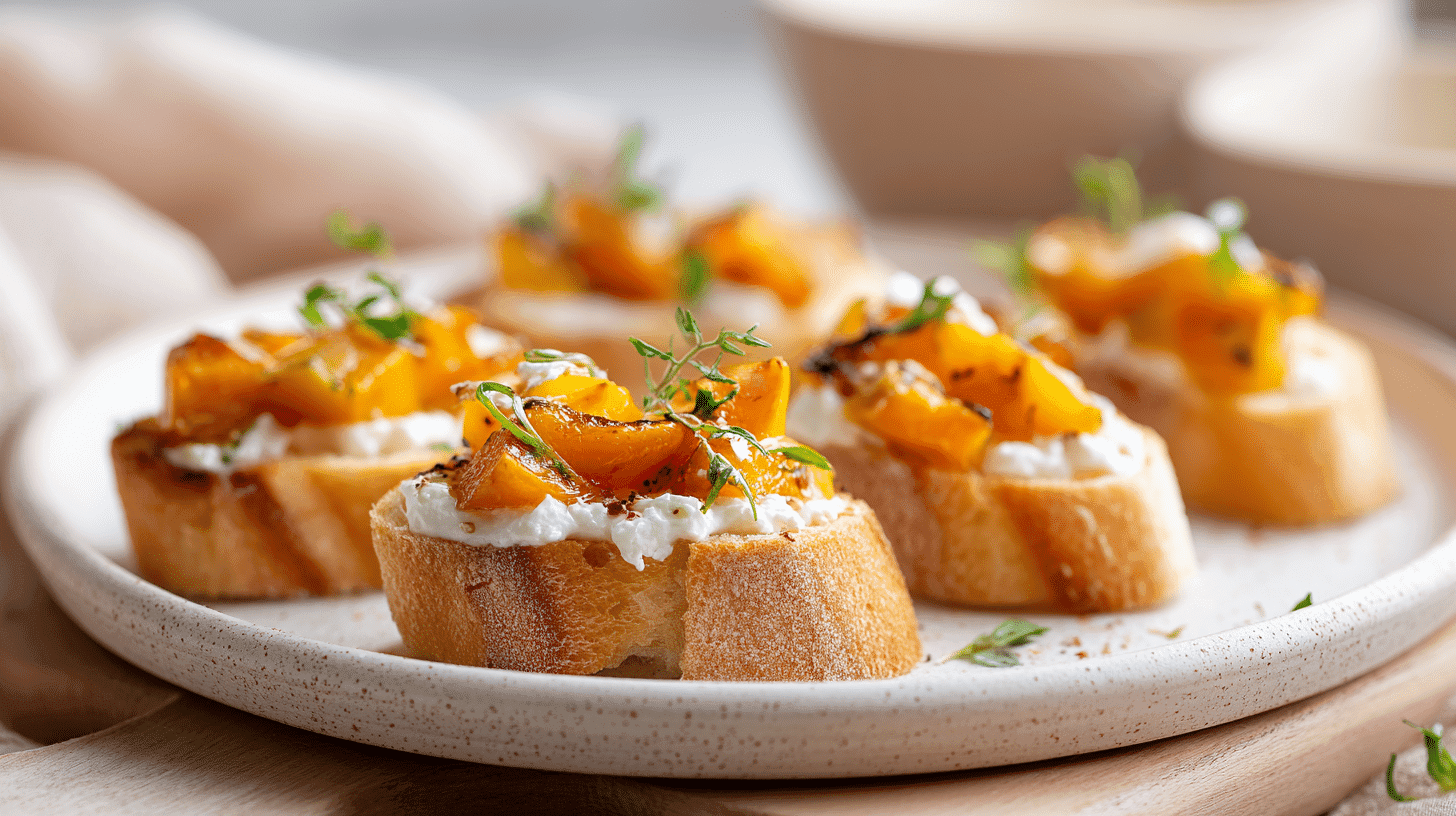 roasted butternut squash crostini with goat cheese on white plate