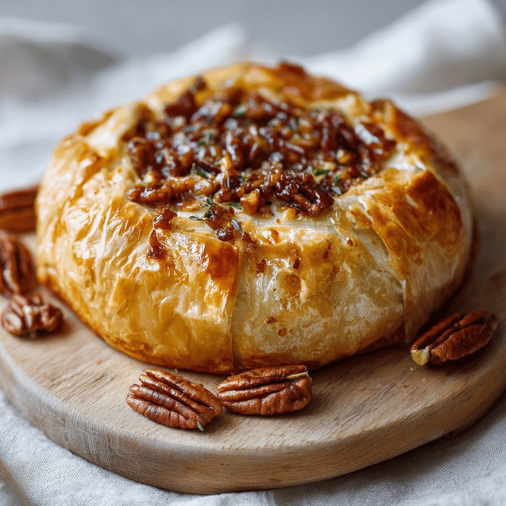 Classic Baked Brie with Fig Jam and Pecans on wooden board