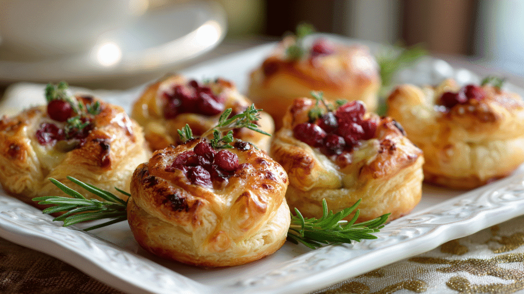 Cranberry Brie Puff Pastry Bites served on a white platter
