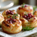 Cranberry Brie Puff Pastry Bites served on a white platter