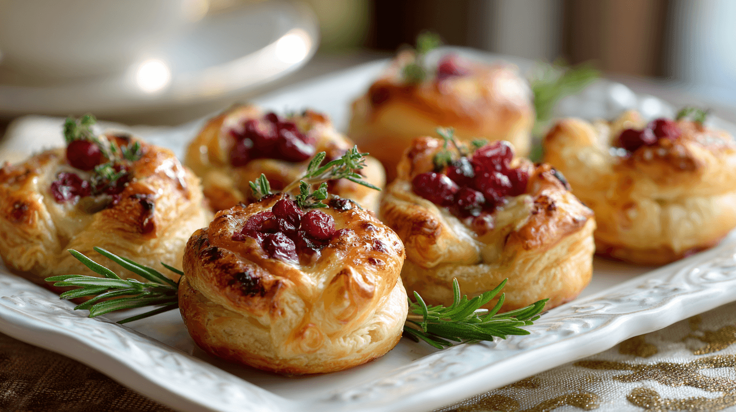 Cranberry Brie Puff Pastry Bites served on a white platter
