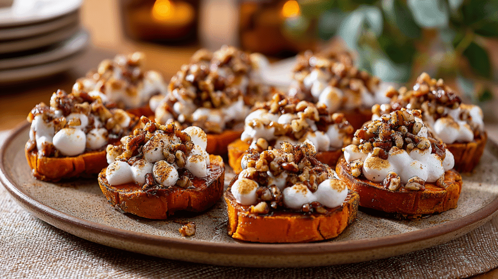 Served Sweet Potato Rounds with Spiced Pecans and Marshmallow Cream
