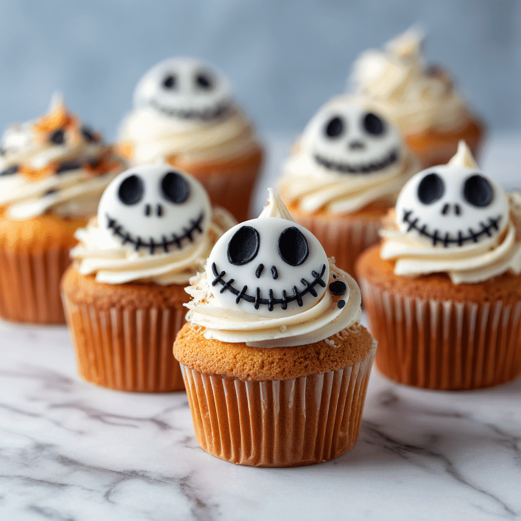 Jack Skellington themed cupcakes on white marble with fondant faces