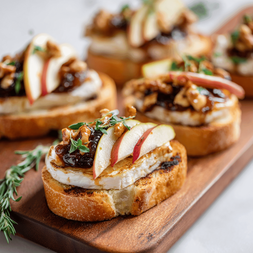 Apple & Fig Crostini with Brie served on a wooden board