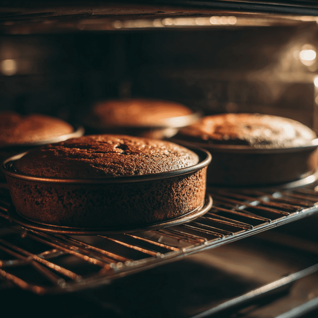 Chocolate cake layers baking for spider web ganache cake