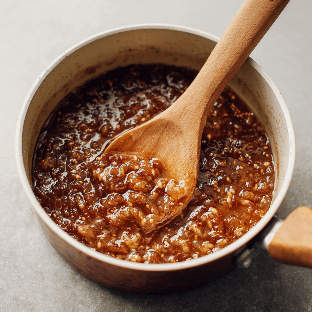 Homemade fig chutney simmering in saucepan