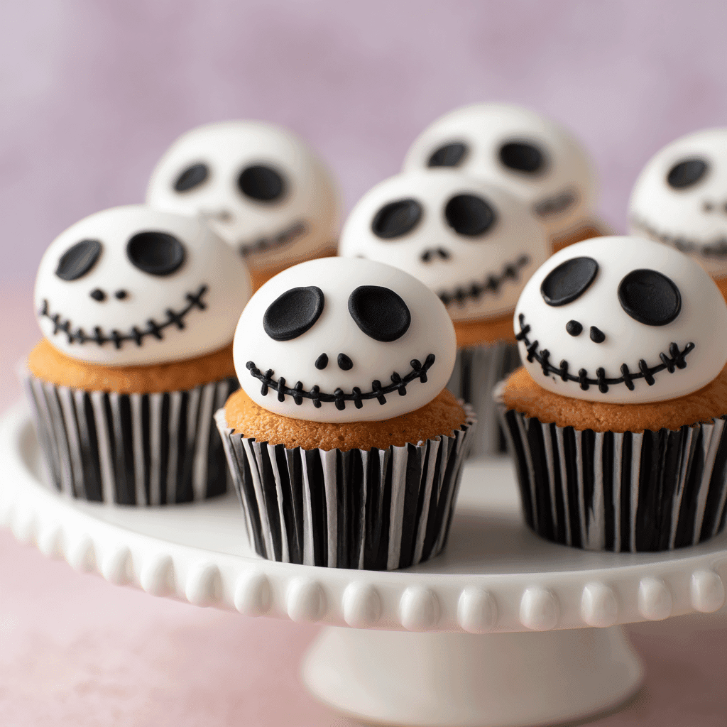 Jack Skellington themed cupcakes served on cake stand