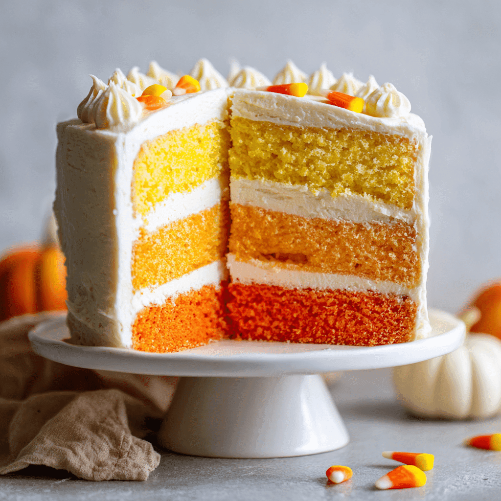 Candy Corn Ombre Cake with yellow, orange, and white layers