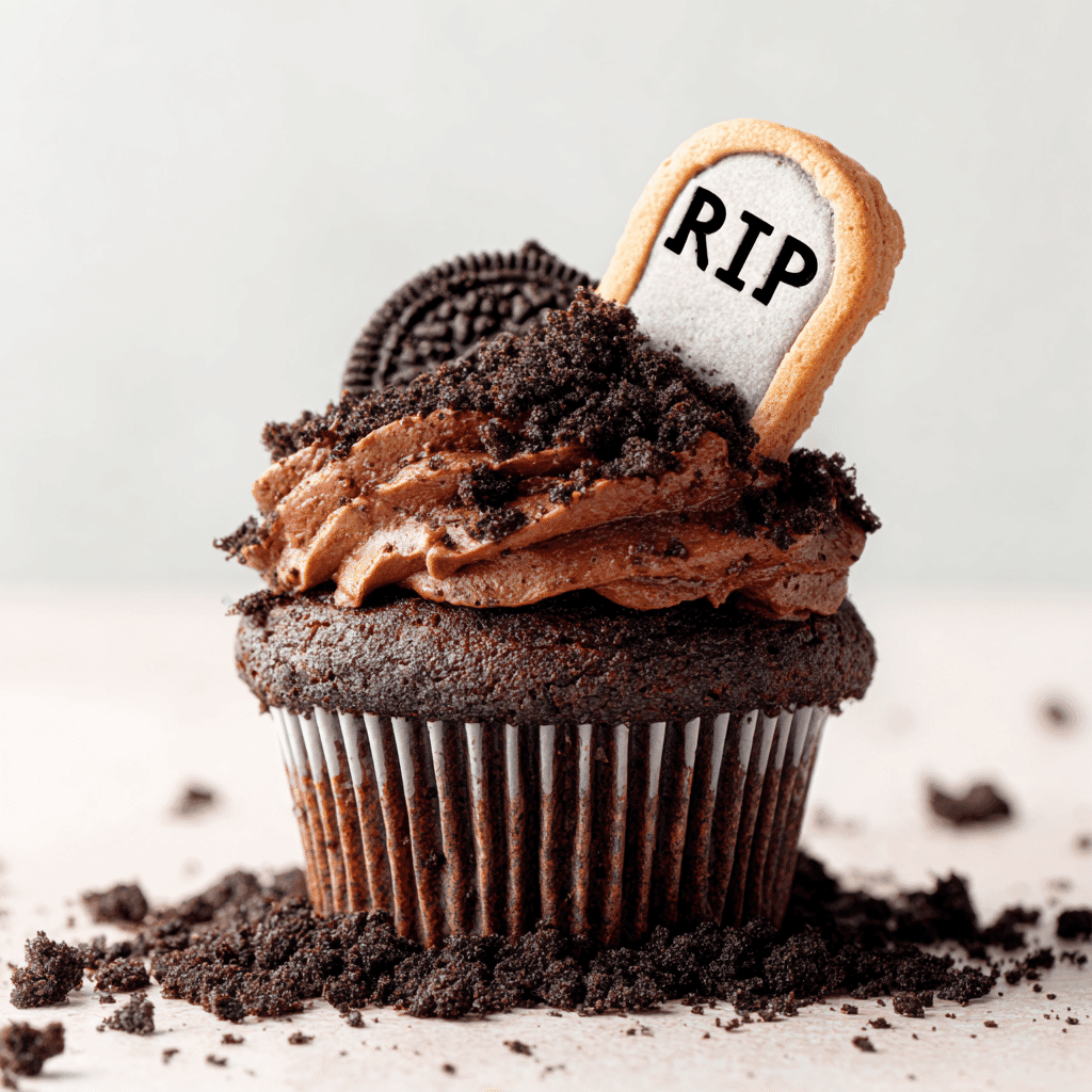 Graveyard Dirt Cupcakes with Oreo Tombstones Halloween Treat