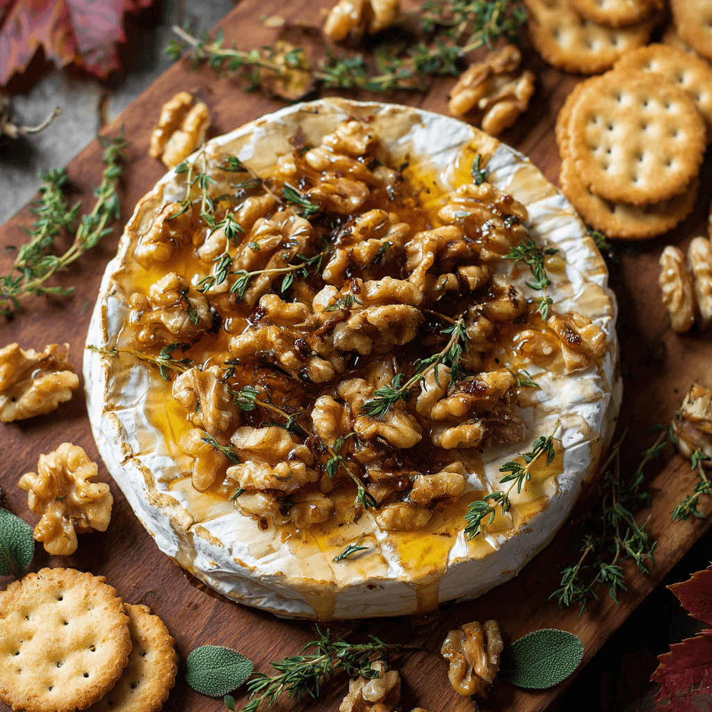 Honey Walnut Baked Brie with Thyme on a rustic board