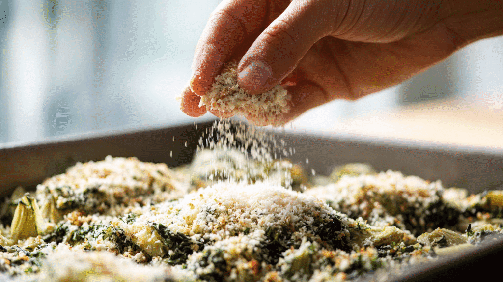 Spreading spinach artichoke mixture in a baking dish with parmesan topping