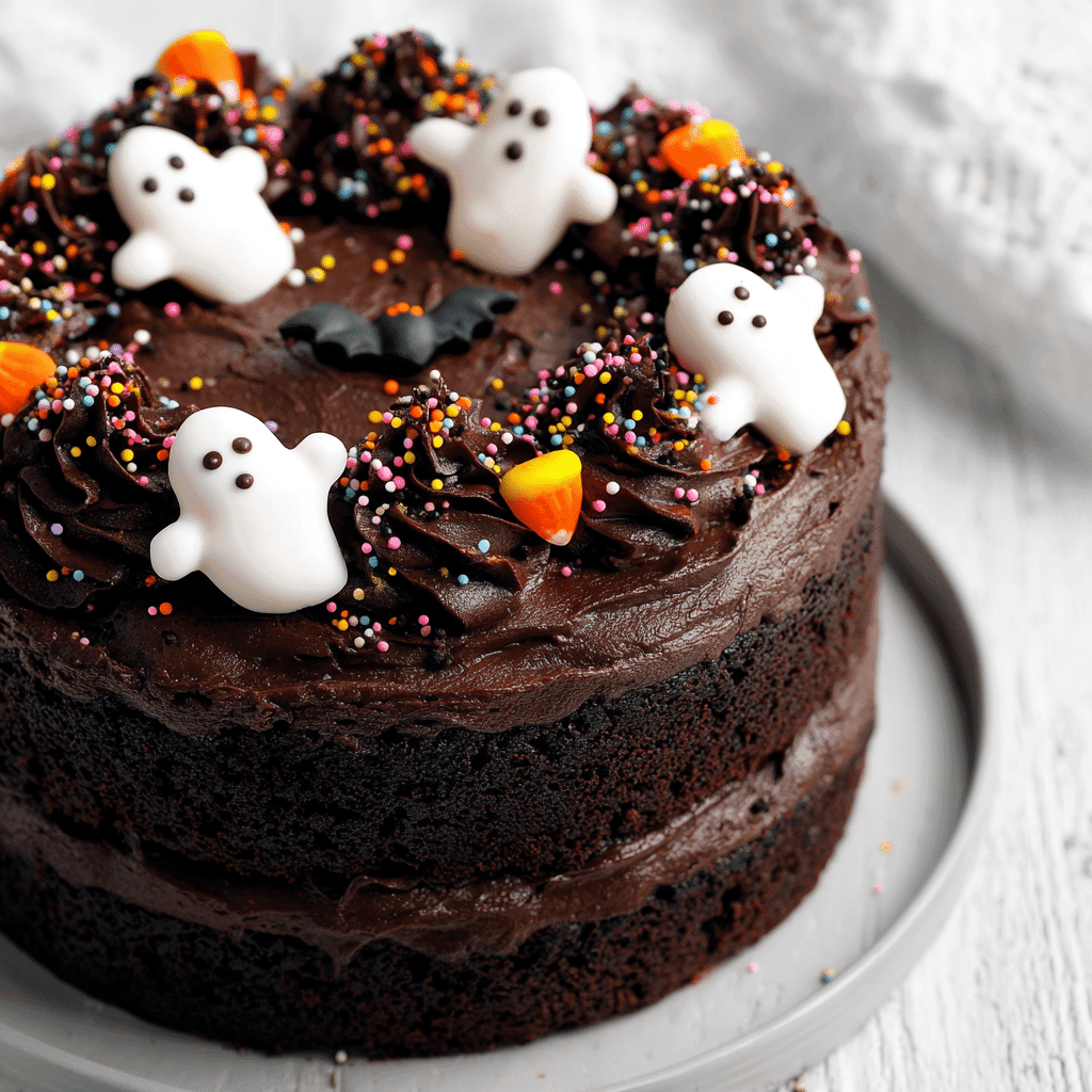 Haunted House Layer Cake with Dark Chocolate Frosting decorated with Halloween candy