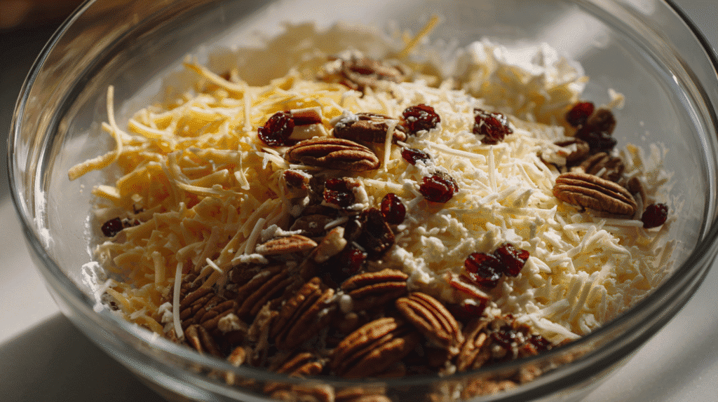 Mixing cranberry pecan cheese ball ingredients in a bowl