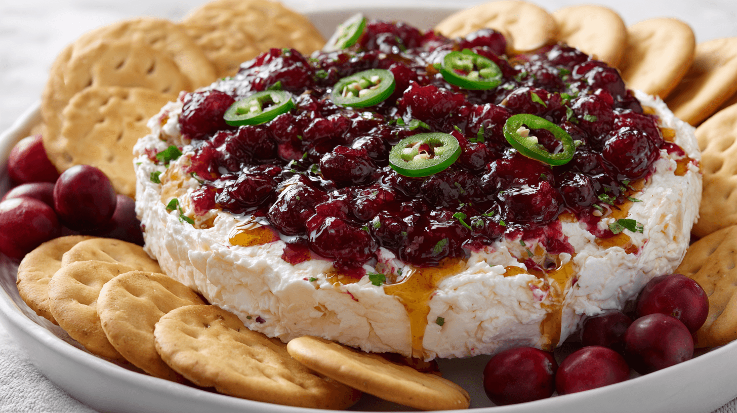 Sweet and Spicy Cranberry Cream Cheese Dip served with crackers
