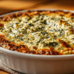 Baked spinach artichoke dip with golden parmesan crust in a white dish