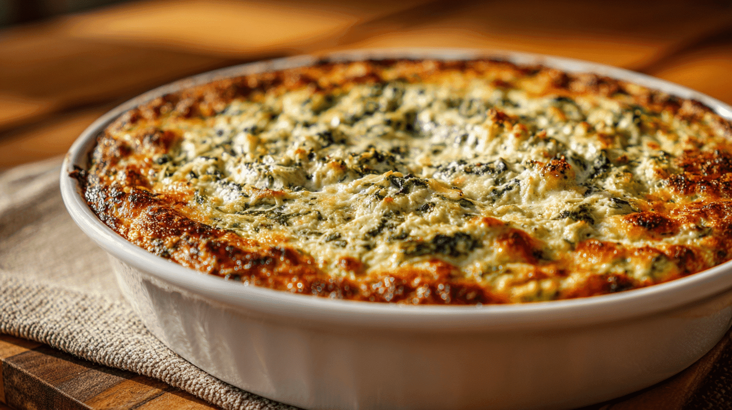 Baked spinach artichoke dip with golden parmesan crust in a white dish