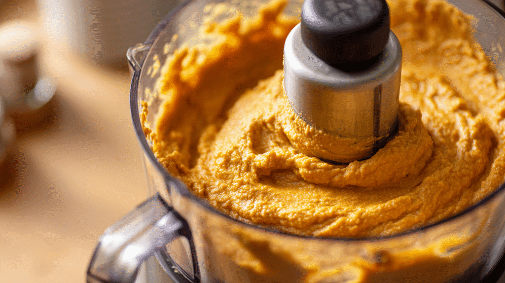 Blending pumpkin hummus in food processor
