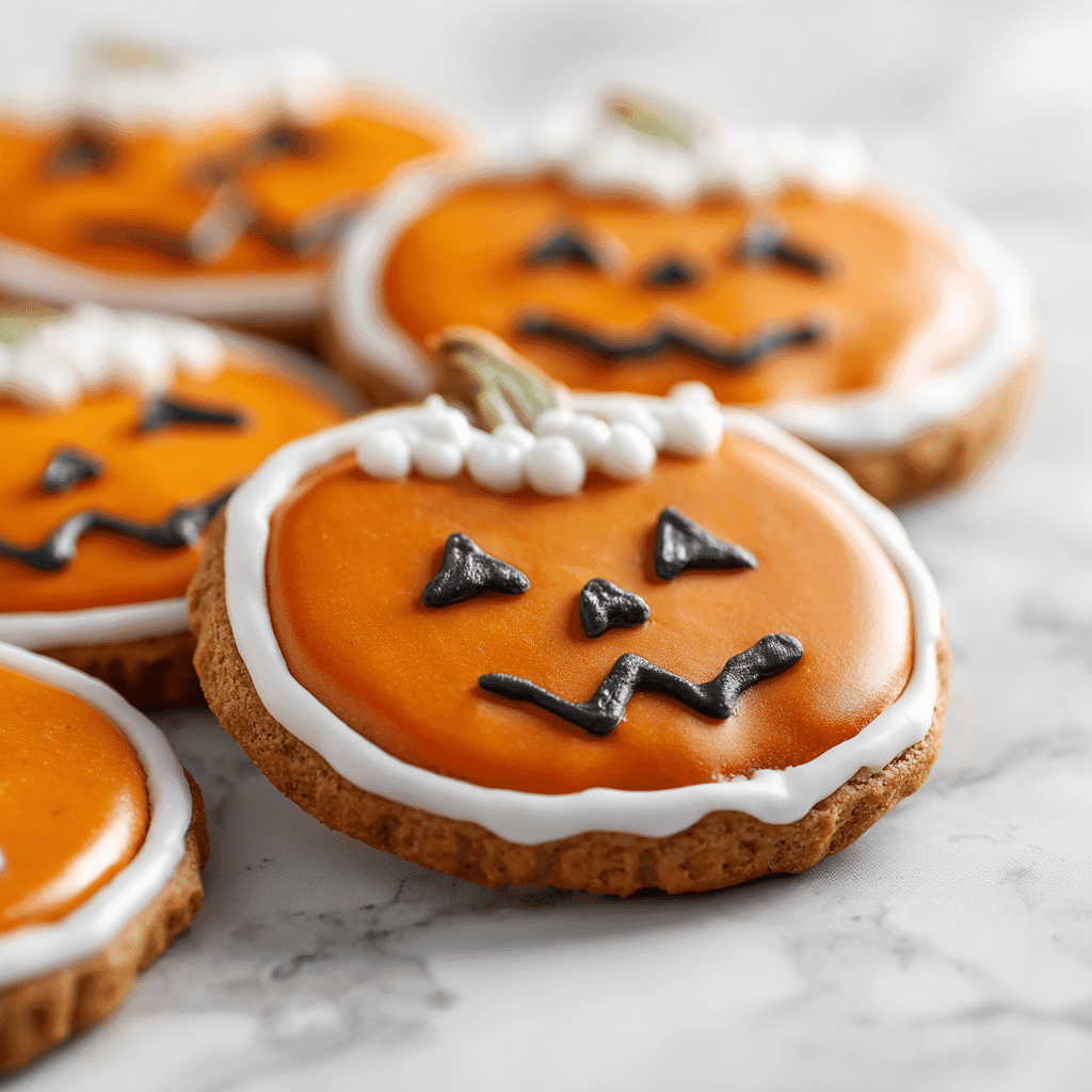 Jack-O’-Lantern Pumpkin Cookies with Royal Icing on marble
