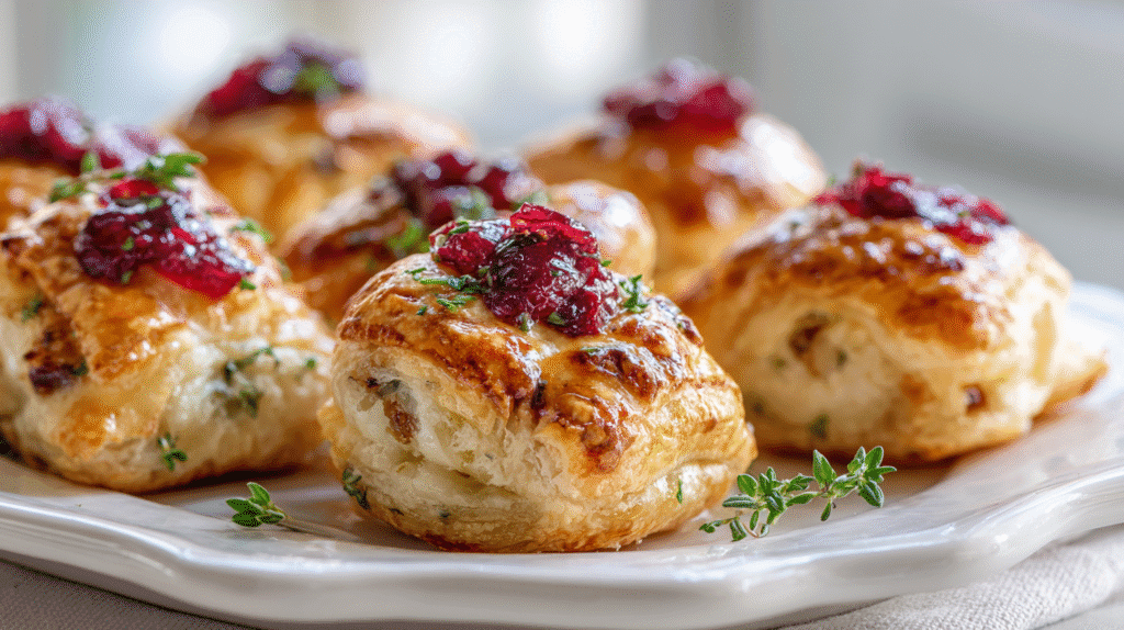 Cranberry brie puff pastry bites served with herbs on a tray