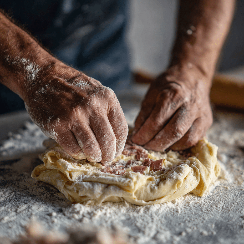 Twisting puff pastry strips with Brie and prosciutto