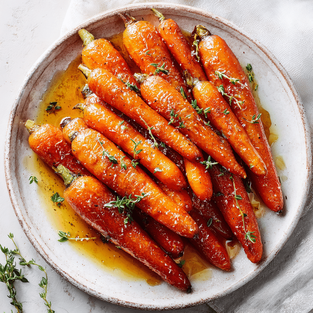 Honey glazed baby carrots with brown sugar and thyme on ceramic plate