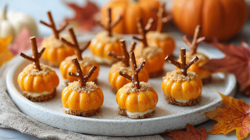 Mini Pumpkin Cheese Balls with Pretzel Stems