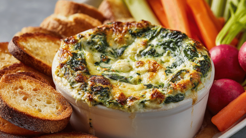 Spinach artichoke dip served with toasted bread and fresh vegetables