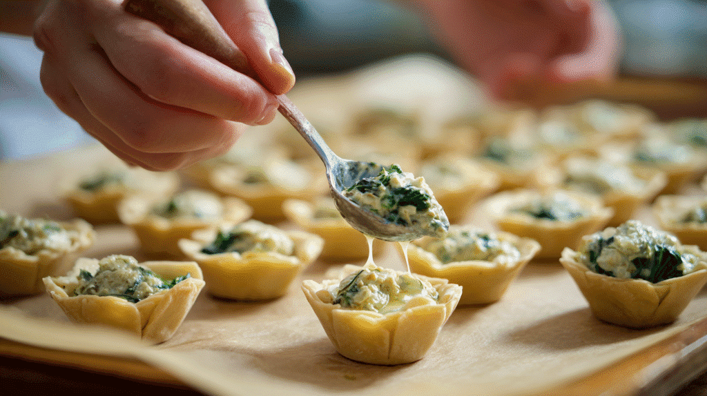 Filling Mini Spinach Artichoke Cups with creamy mixture