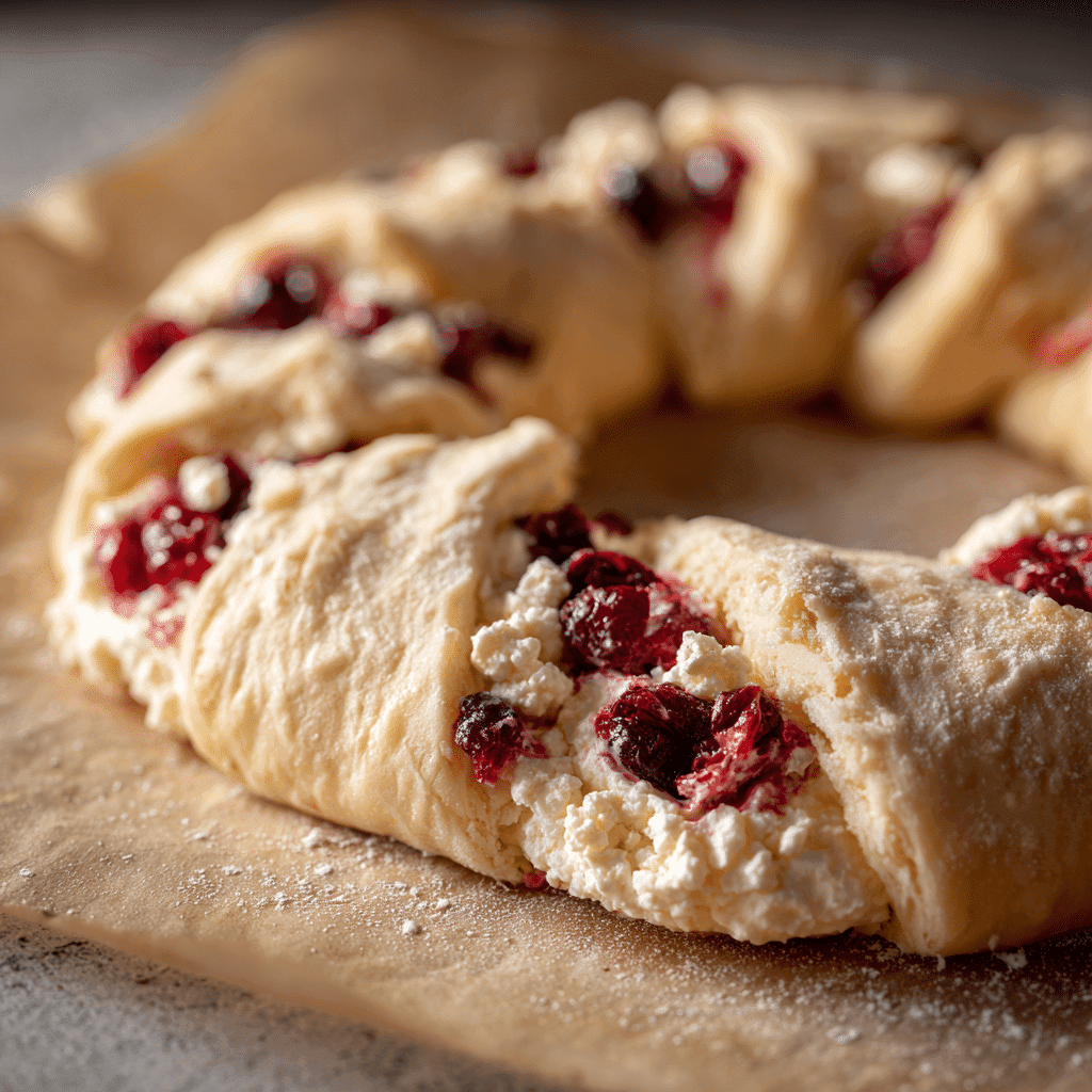 Cranberry Cream Cheese Crescent Ring mid-assembly