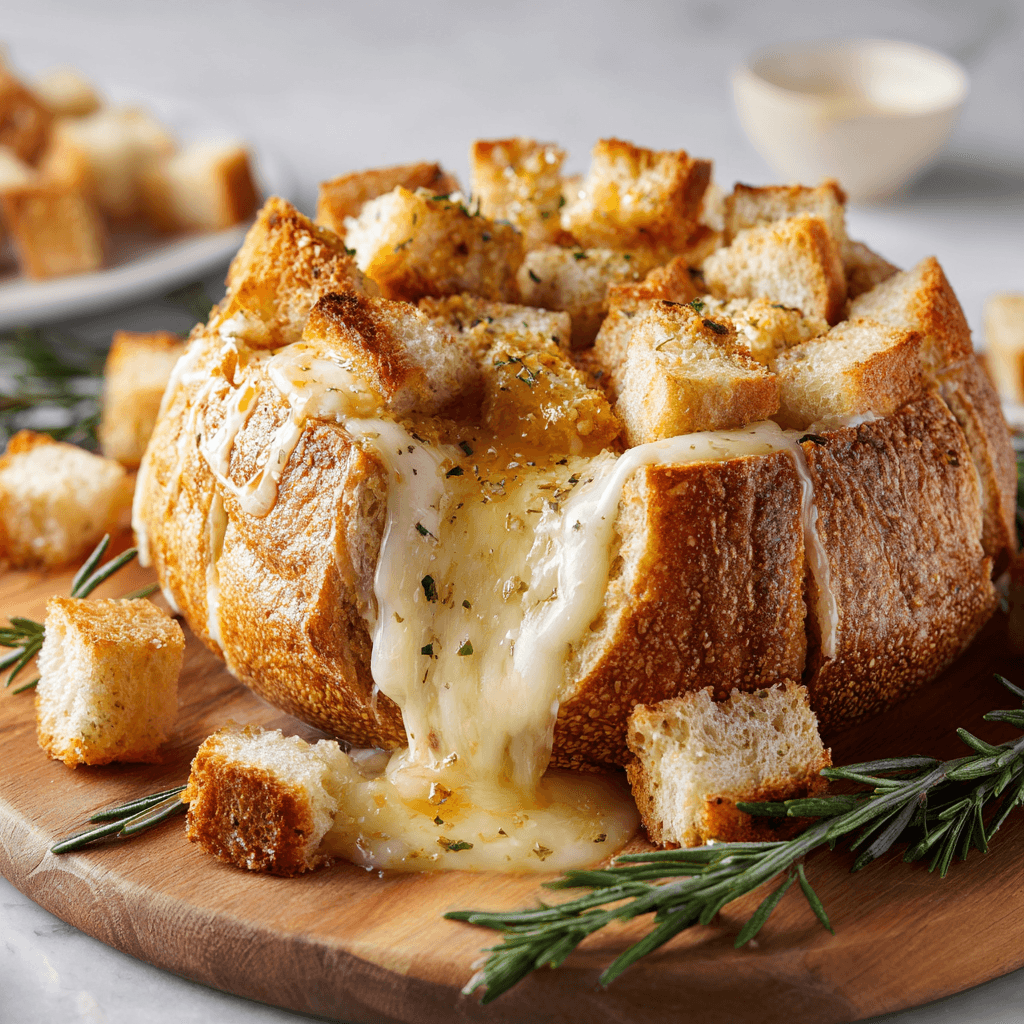 Melted brie oozing from roasted garlic bread bowl