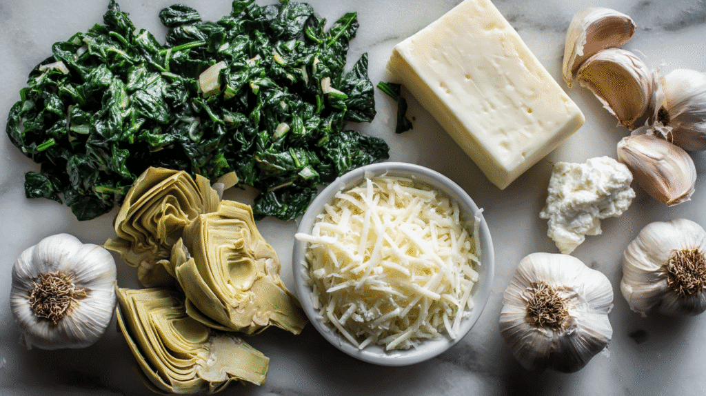 Ingredients for baked spinach artichoke dip arranged on a marble surface