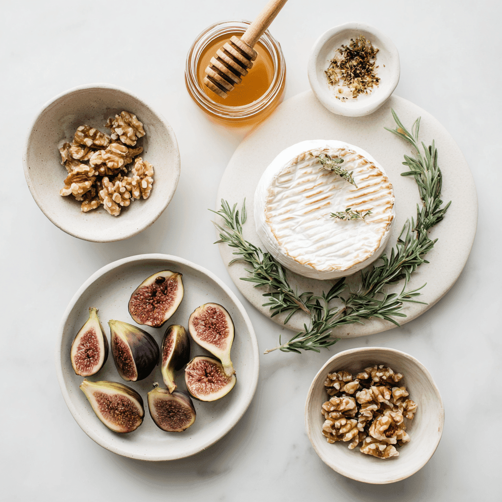Ingredients for Honey Drizzled Brie with Figs and Walnuts