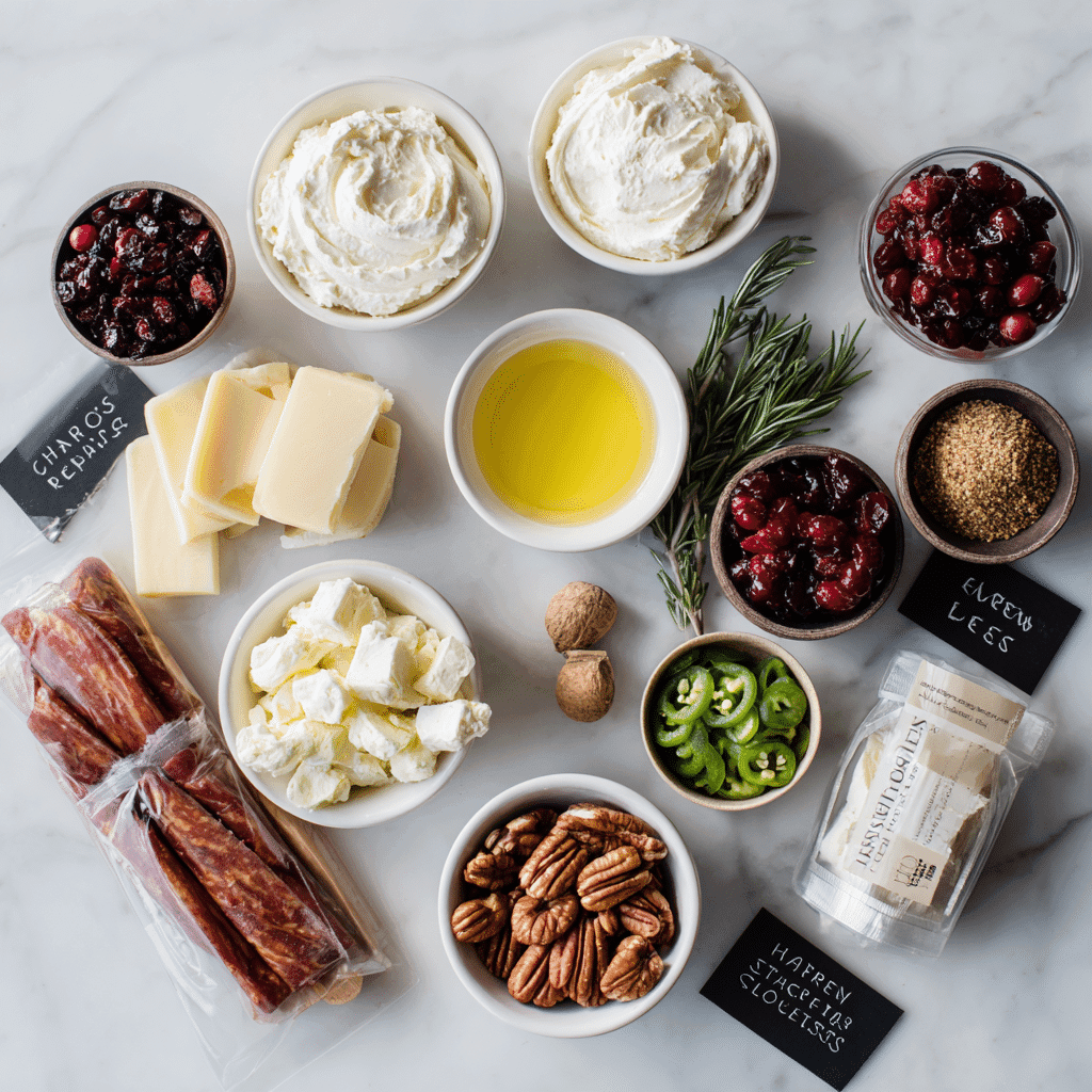 Ingredients for Cranberry Jalapeño Cream Cheese Bites on a marble surface