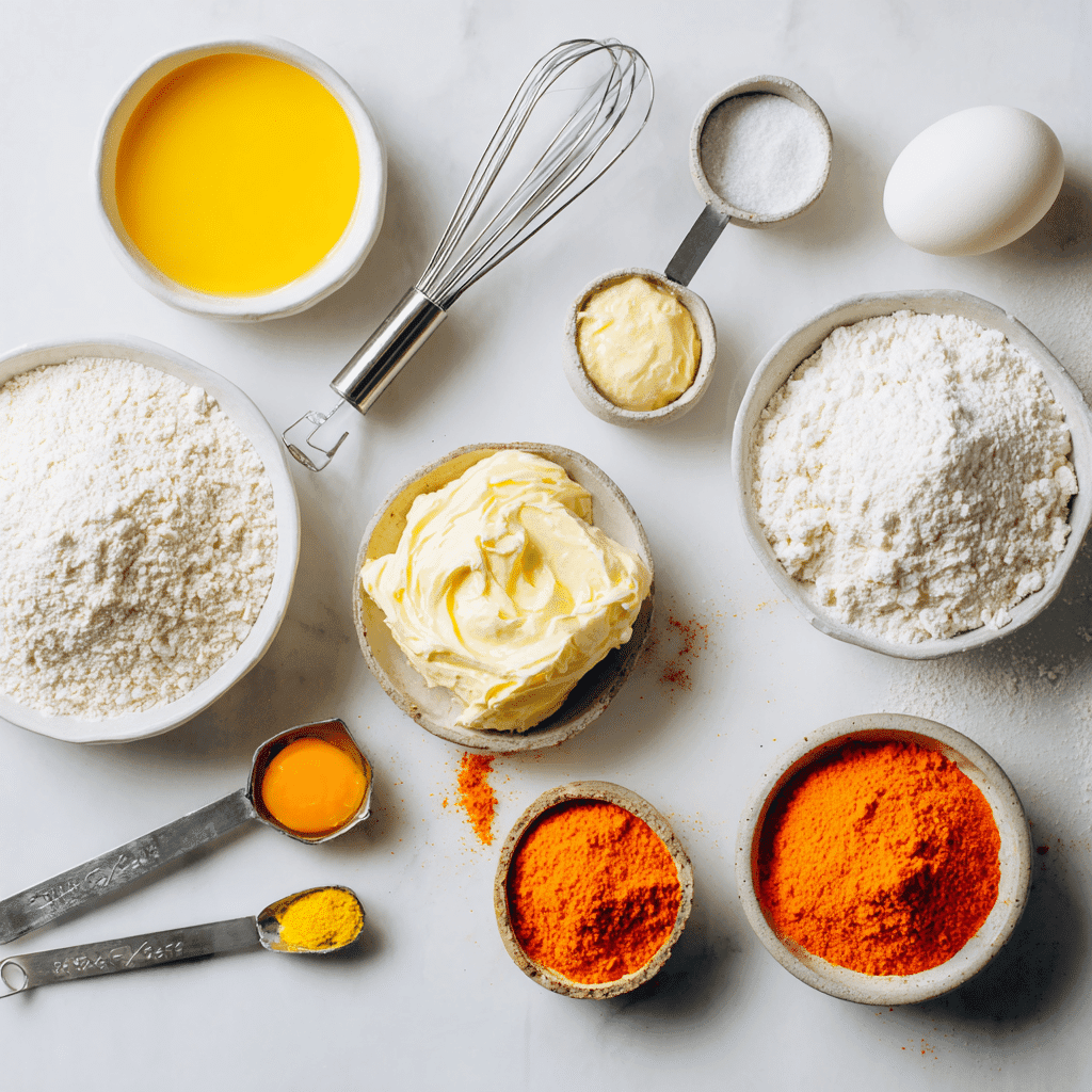 Ingredients for Candy Corn Ombre Cake laid out on white surface