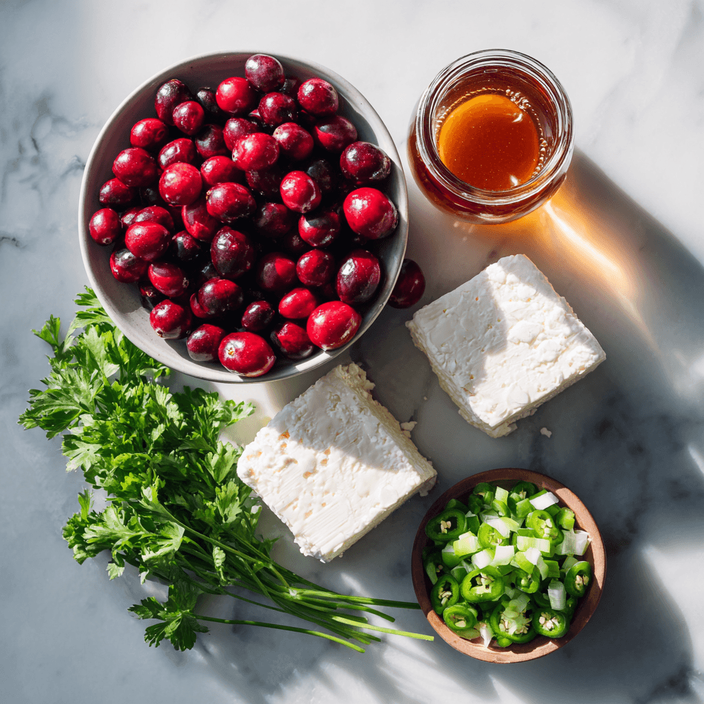 Ingredients for Cranberry Cream Cheese Dip with Jalapeño and Honey