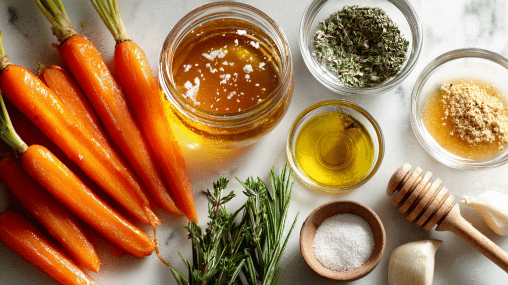Ingredients for caramelized honey dijon carrots on white surface